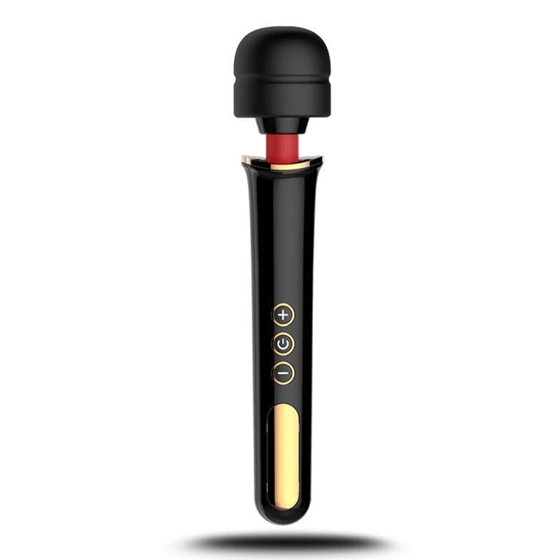 Black personal massager wand with control buttons and gold accent on white background