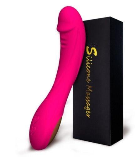 Bright pink curved intimate wellness device next to black product packaging box