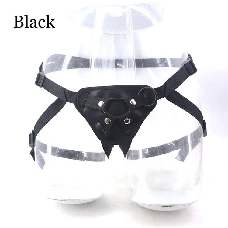 Black strap-on harness with clear container attachment, displayed front view with labeled color swatch