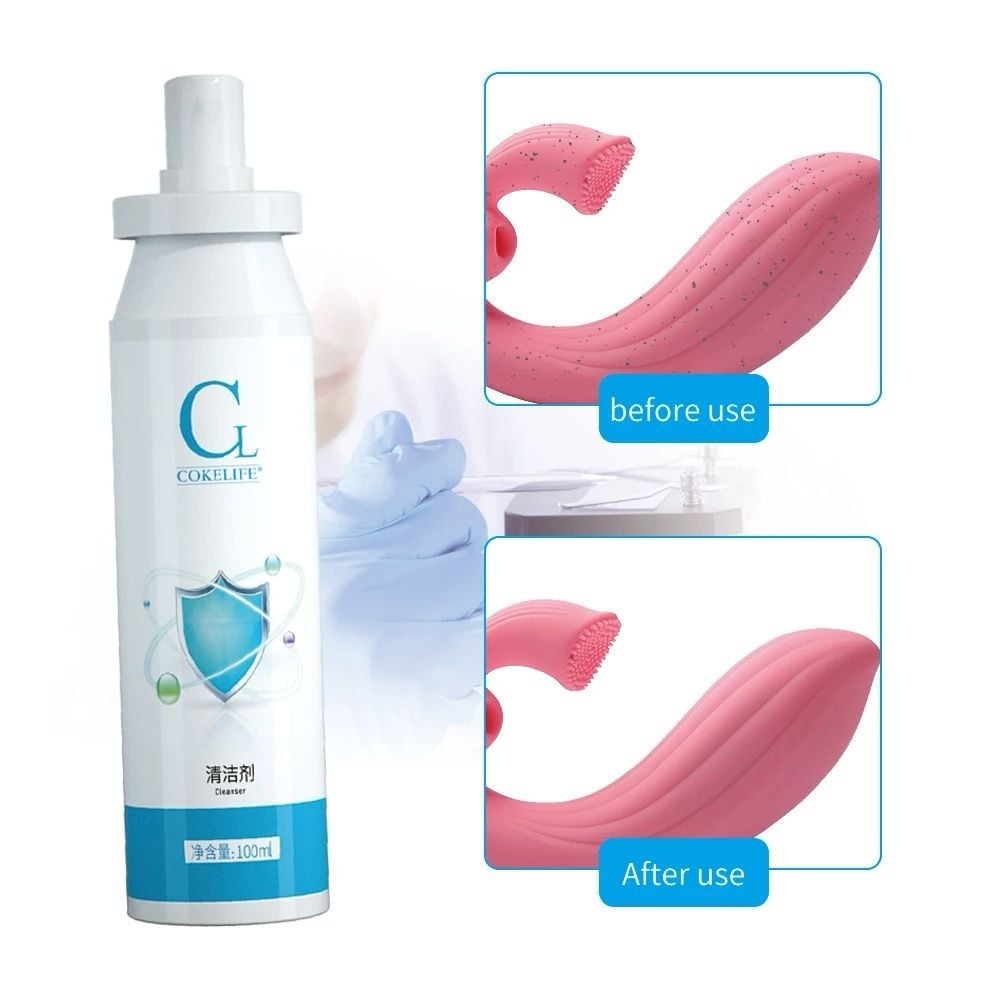 Cordless COKELIFE cleaning spray bottle with before/after demonstration showing the product's effectiveness on a pink silicone toy