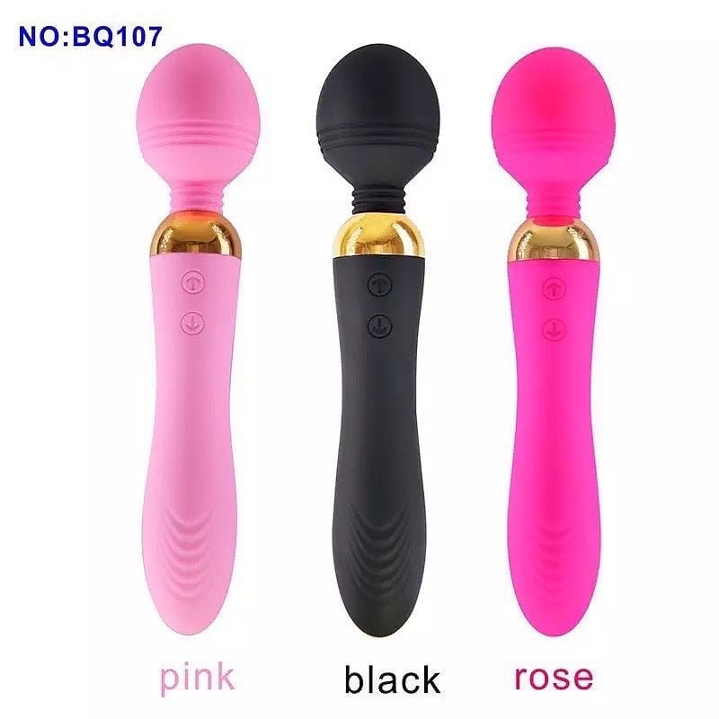 Three silicone wand vibrators in pink, black, and rose colors with gold accents, model BQ107