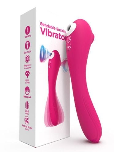 Pink bendable sucking vibrator with product packaging displaying features and function icons on white background