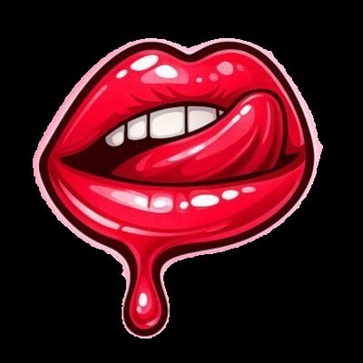 Stylized red lips with glossy finish and dripping effect, showing white teeth and highlights, cartoon illustration style
