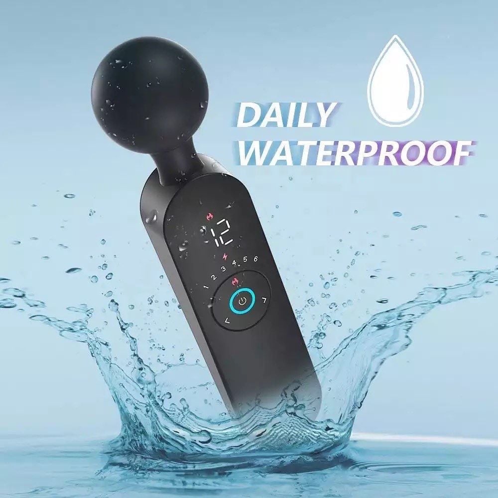 Black waterproof handheld device with spherical top emerging from water splash, featuring control buttons and daily waterproof badge