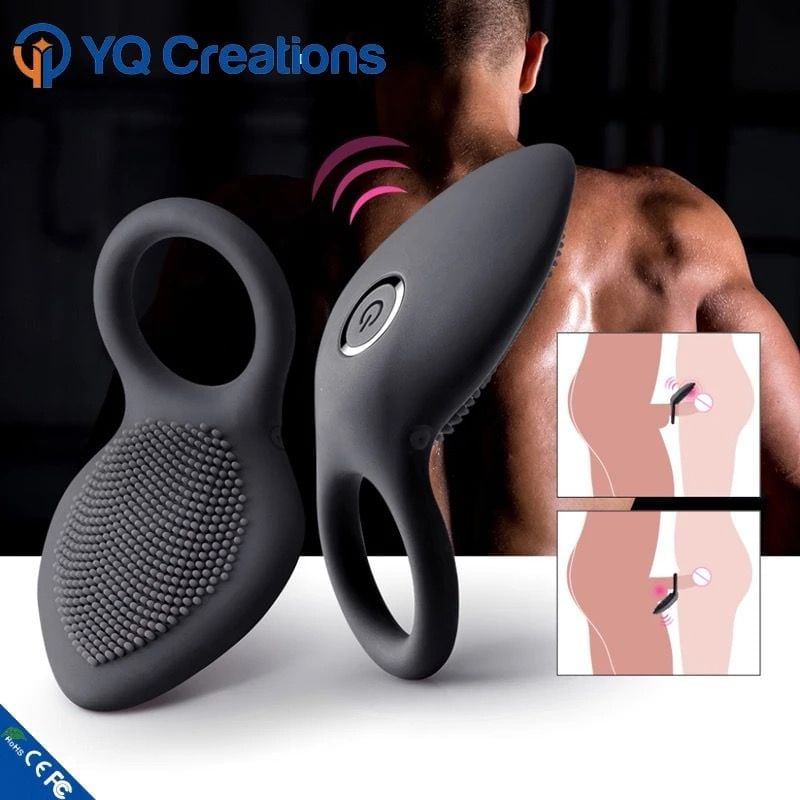 YQ Creations wearable massager device shown from front and back views with usage diagram on shirtless male model