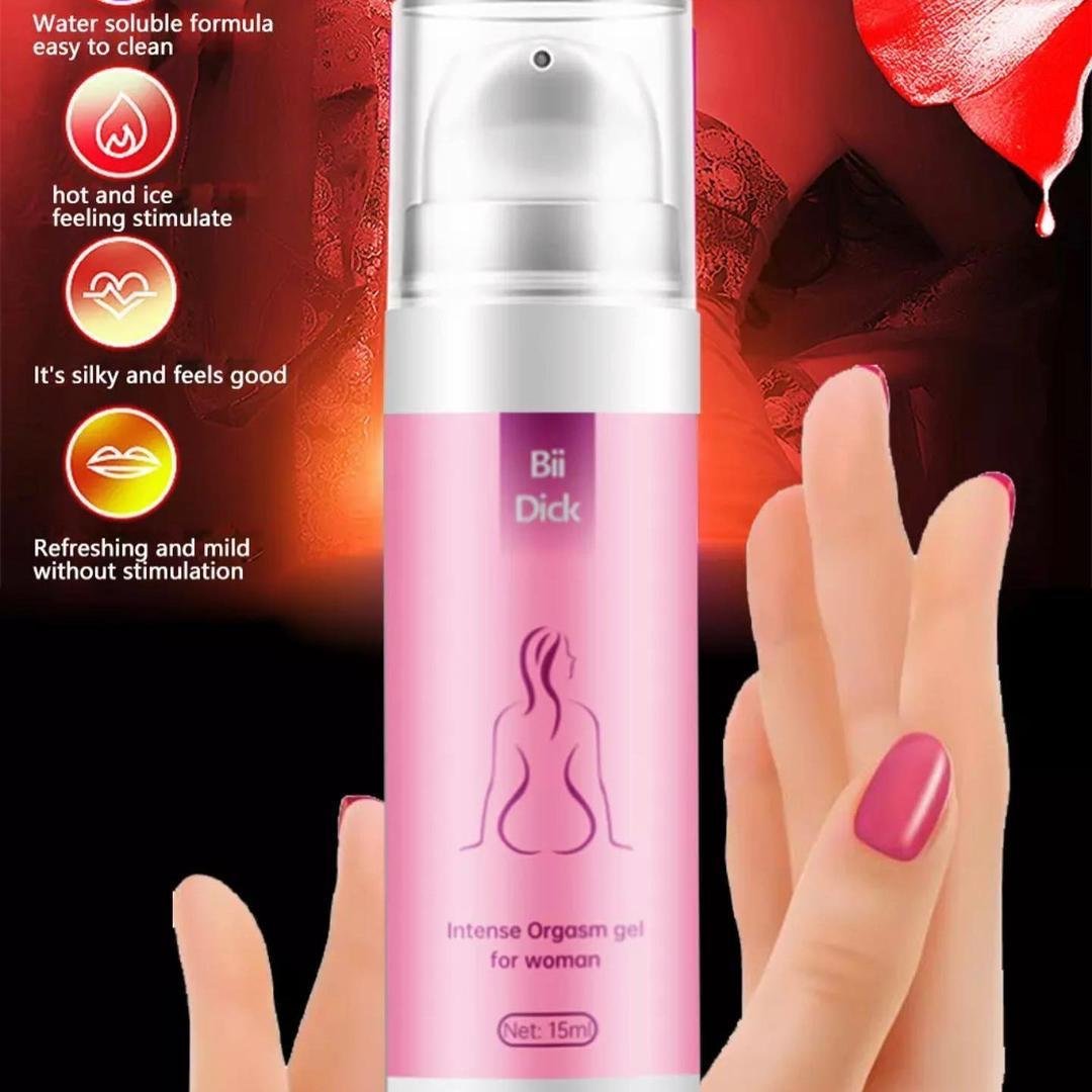 Pink gel bottle for women with product features listed on left side and hands demonstrating application on right side
