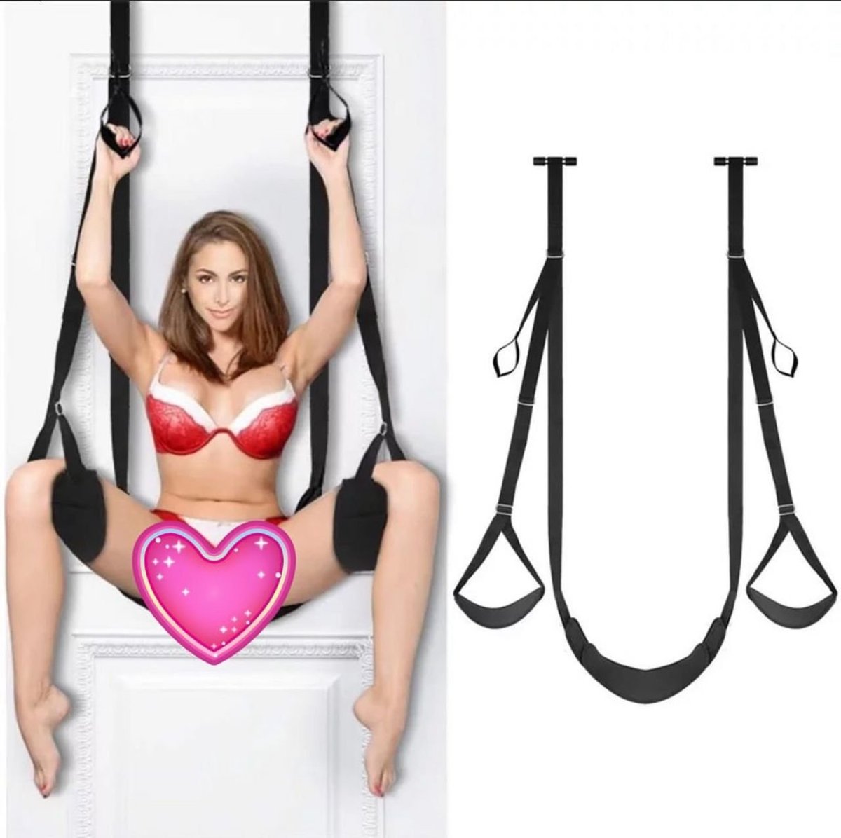 Woman in red bikini top suspended in black straps with heart emoji, beside product diagram of black suspension equipment