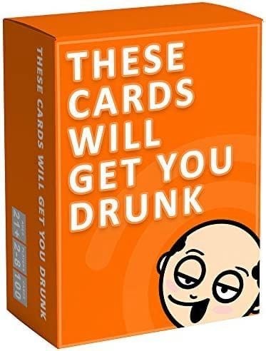 Orange card game box titled These Cards Will Get You Drunk featuring a cartoon laughing face character
