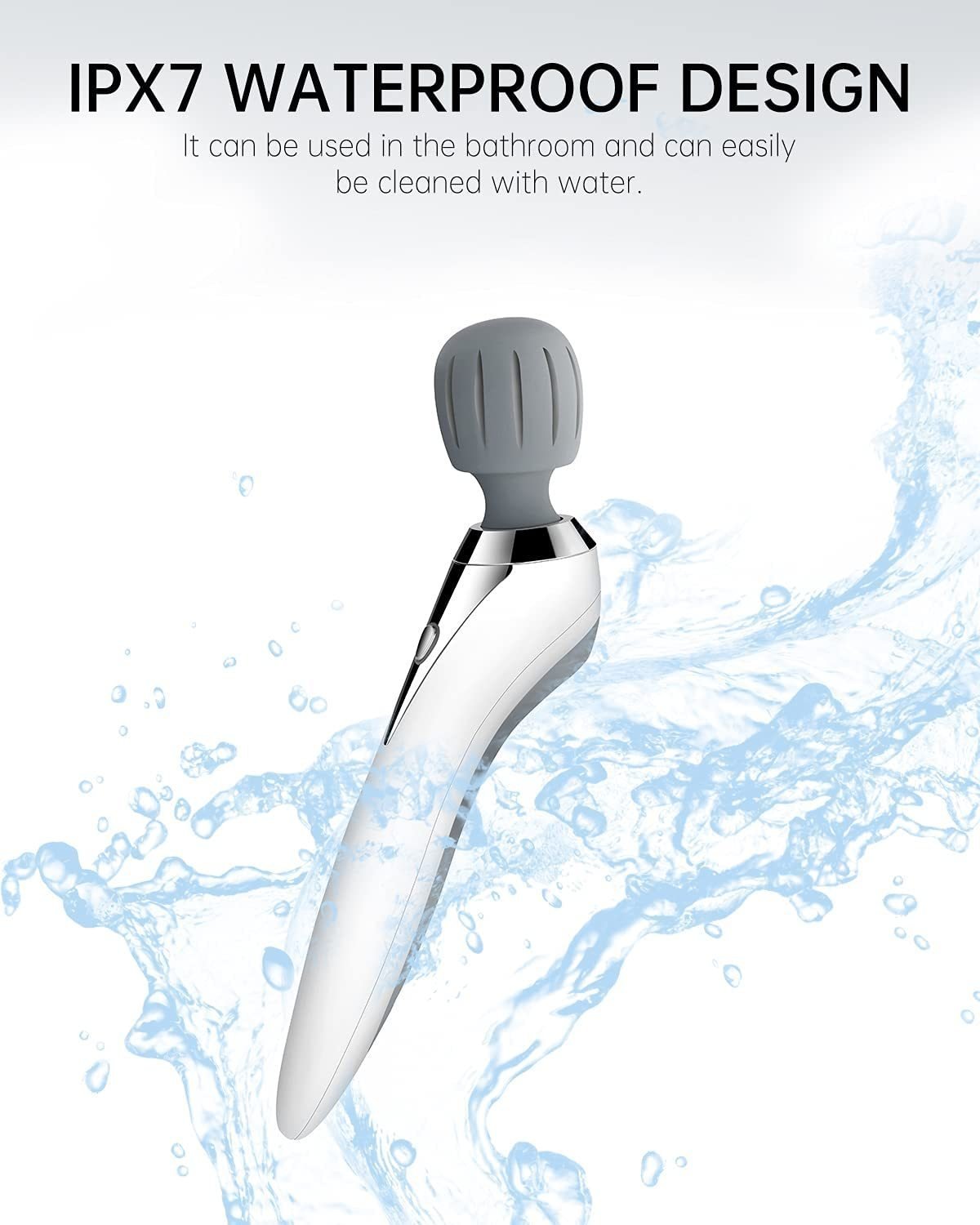 IPX7 waterproof wand vibrator with white and black design surrounded by water splash graphics