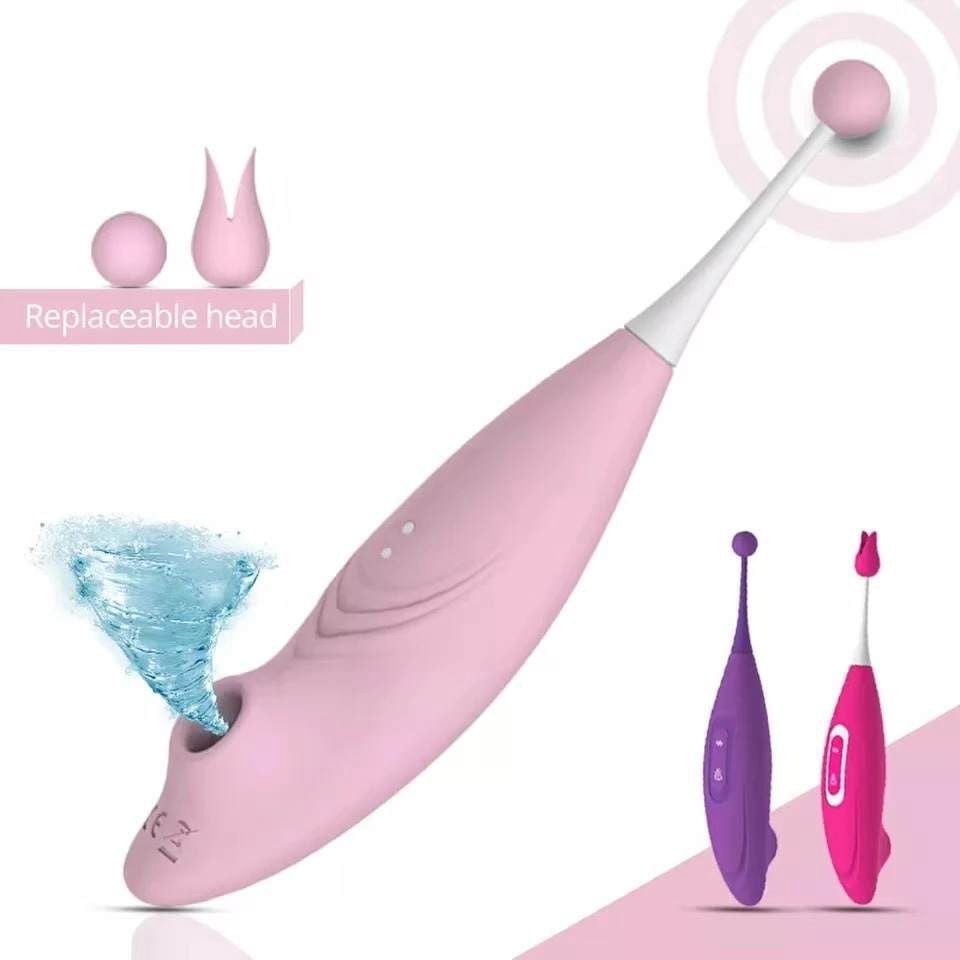 Collection of pink and purple intimate wellness devices with replaceable heads and water splash demonstration