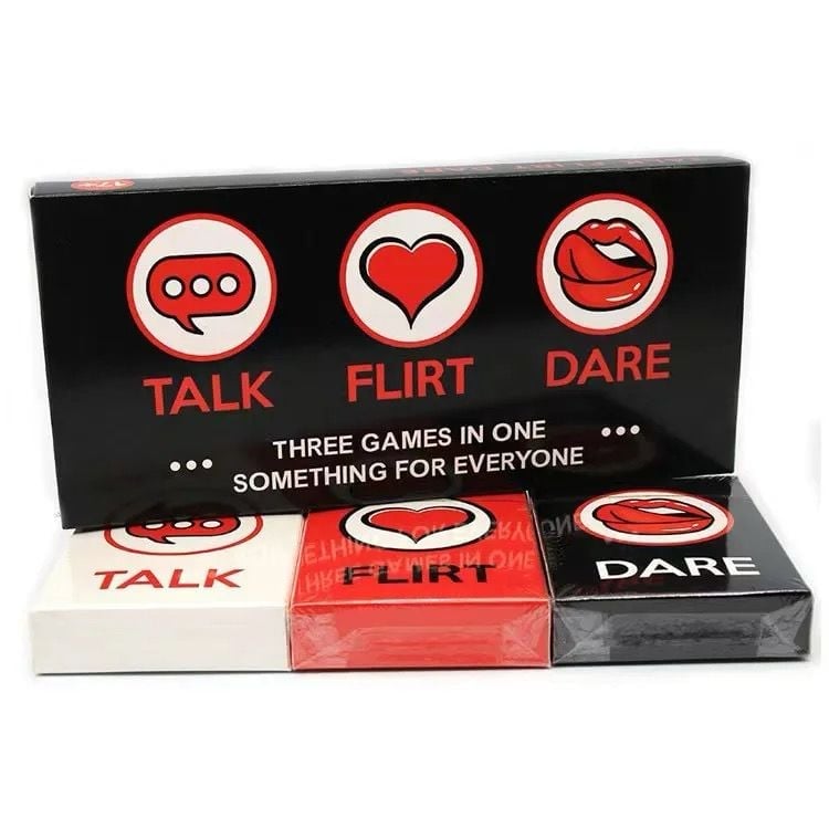 Three party card games displayed: Talk, Flirt, and Dare. Red and white themed boxes with game icons shown with packaging and instructions.