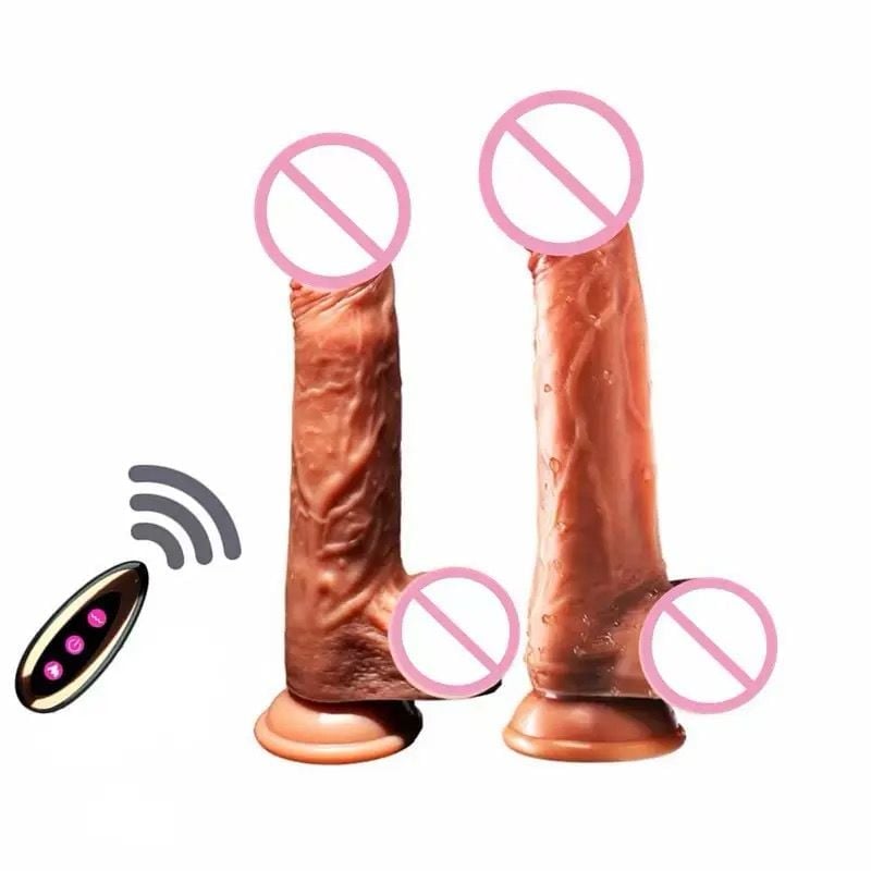 Two copper-colored intimate devices with suction cup bases and a wireless remote control with wave indicator icon