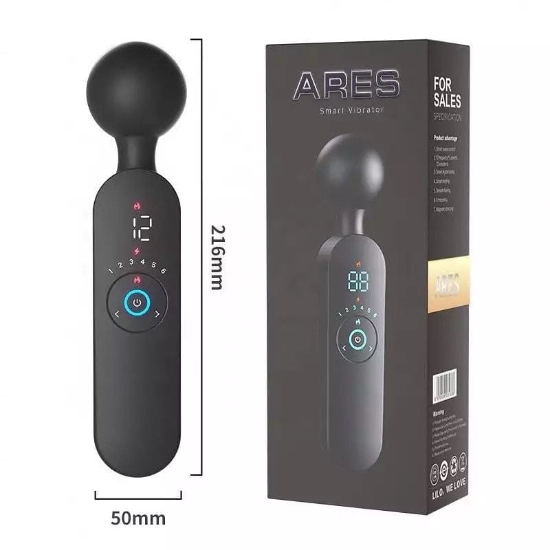 Black ARES smart vibrator with digital display showing dimensions of 22.6cm height and 50mm width, displayed next to retail packaging