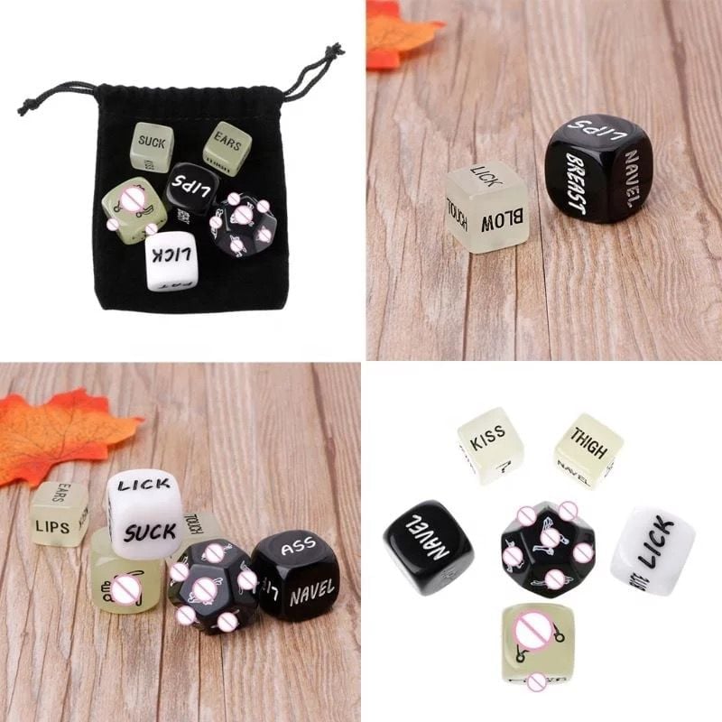 Couples game dice set with black velvet bag containing various action dice for intimate activities and foreplay