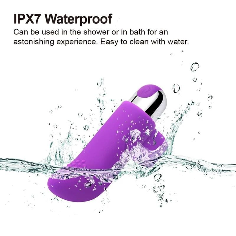 Purple IPX7 waterproof device splashing in water with text describing shower and bath use