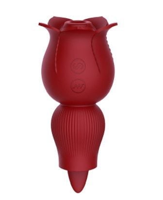 Red silicone rose-shaped intimate device with textured base and petal-like top opening