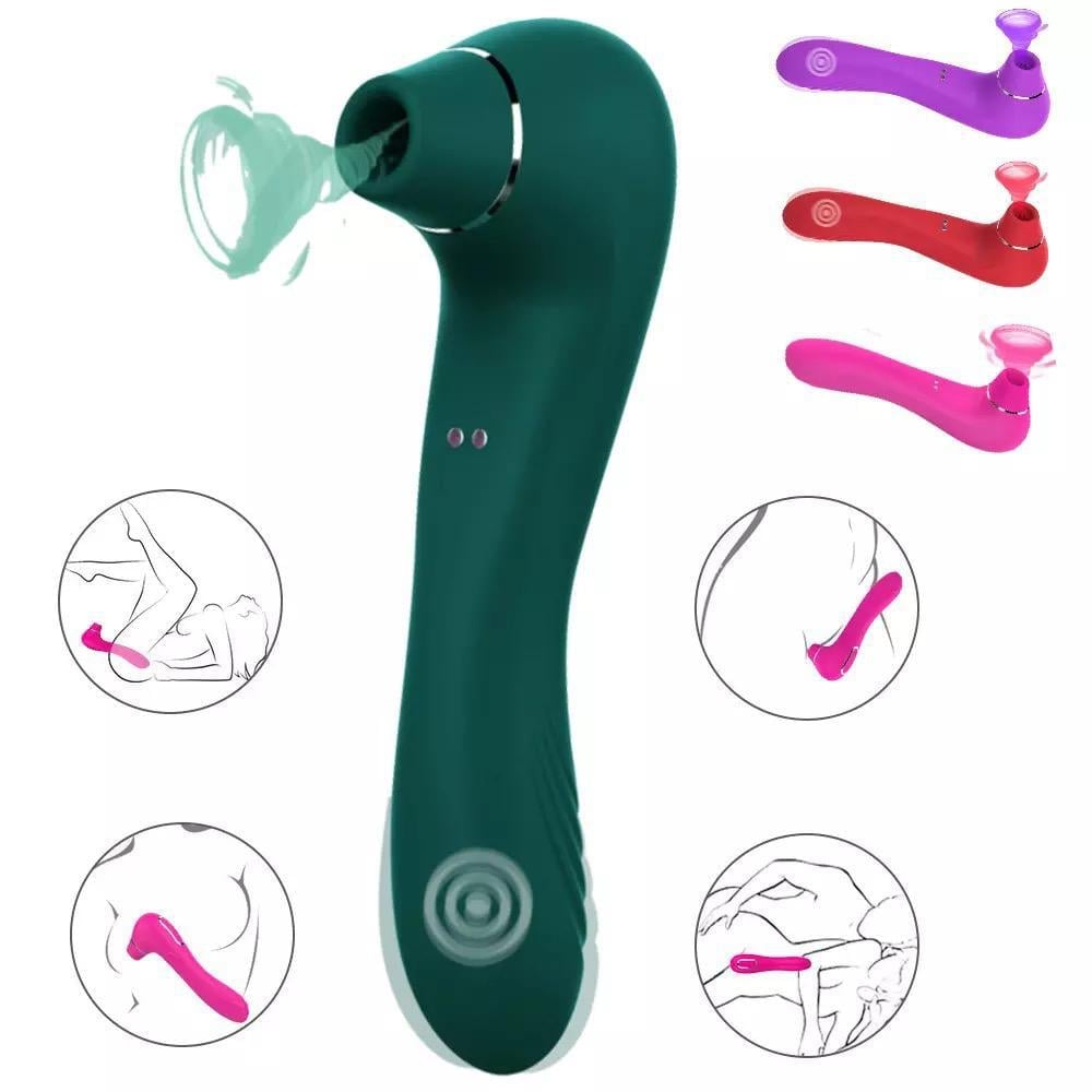 Green intimate wellness device with interchangeable colored attachments and usage instruction diagrams