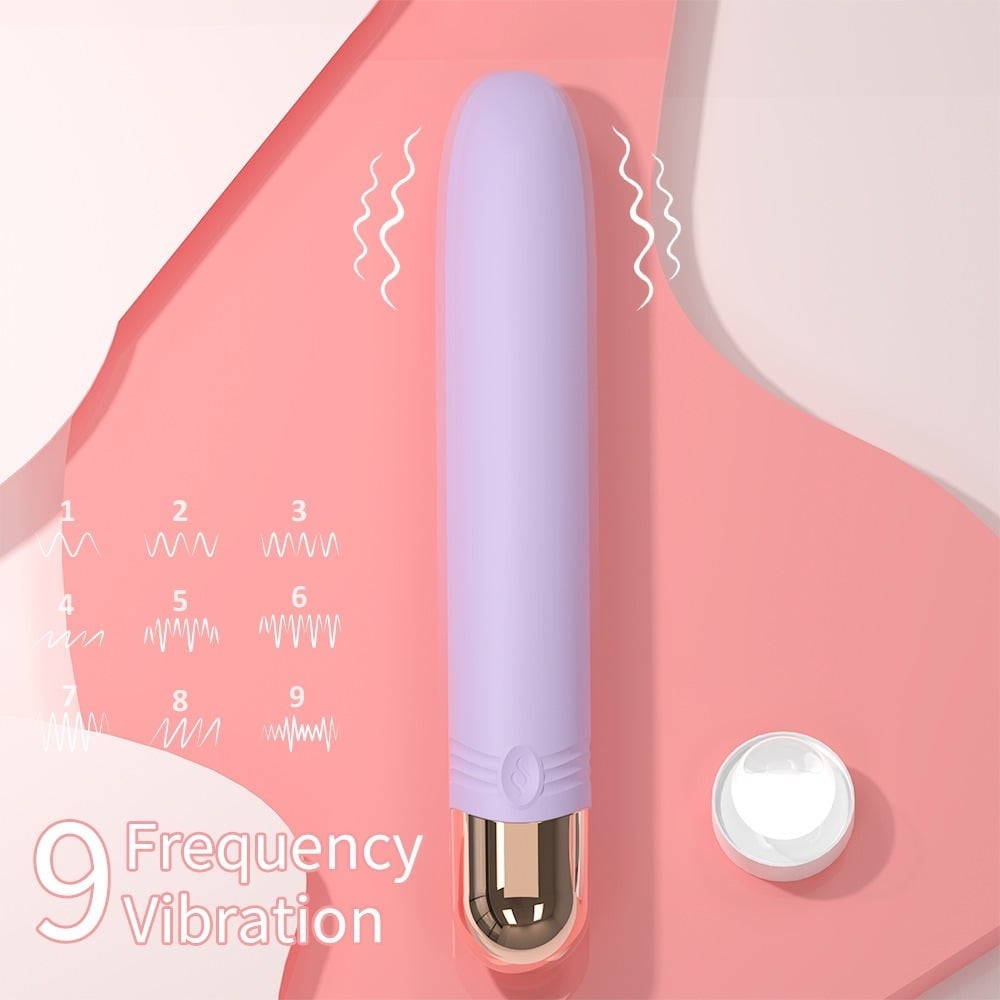 Purple vibrator with gold base on pink product background showing 9 vibration frequency patterns and control button