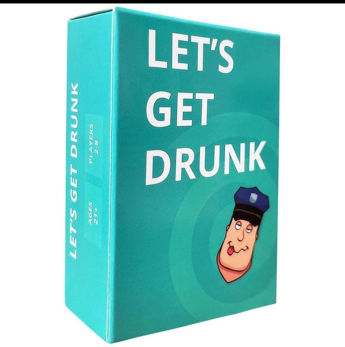Turquoise box game with LETS GET DRUNK text and cartoon character wearing a cap