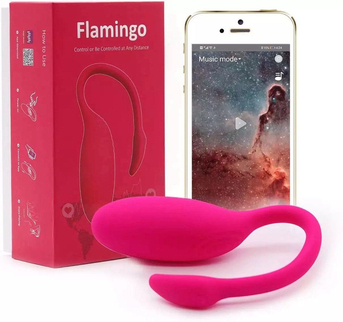 Pink Flamingo app-controlled intimate device with packaging and smartphone displaying control interface