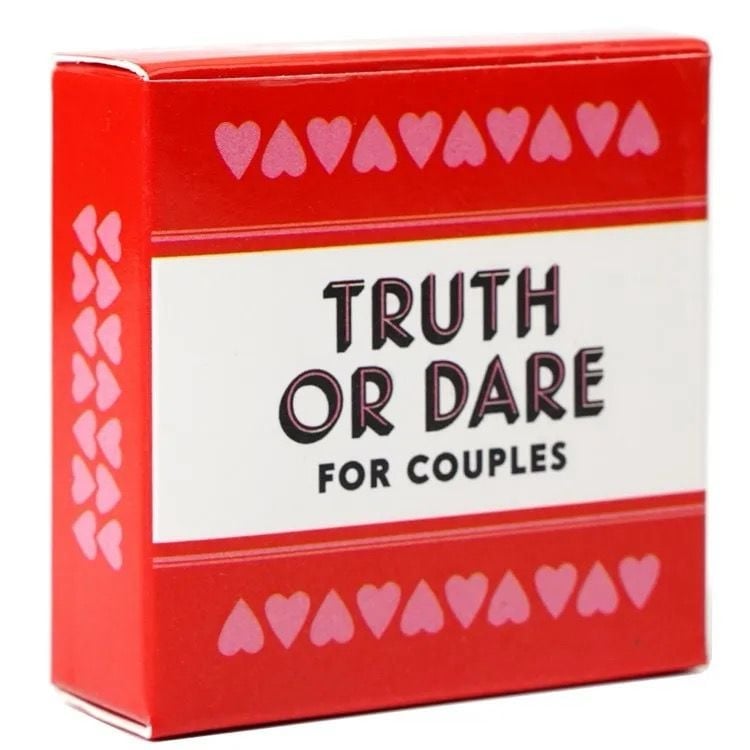 Red Truth or Dare for Couples card game box with pink heart decorations on sides